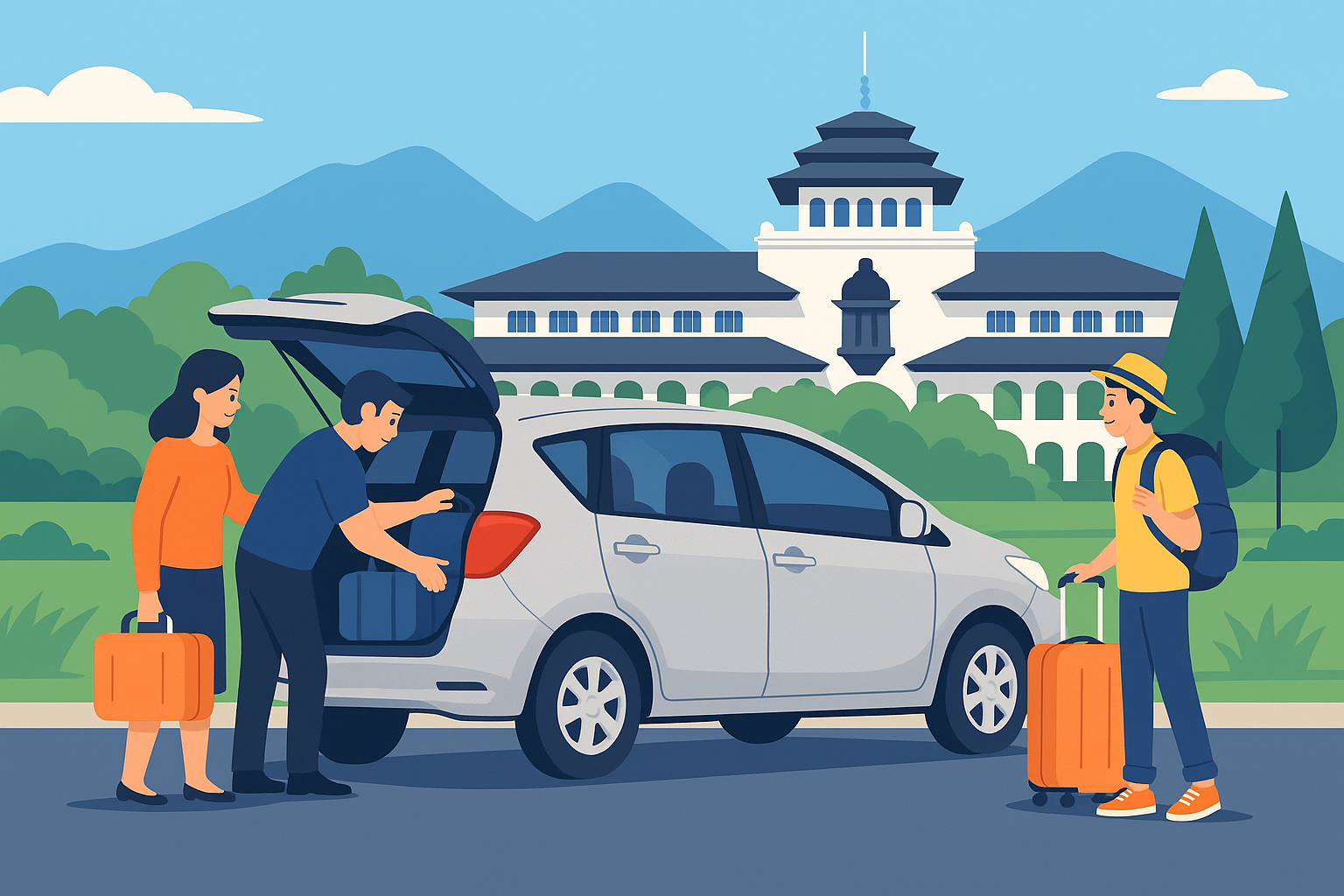 Keluarga dan wisatawan sedang memasukkan koper ke mobil sewaan di depan Gedung Sate Bandung – tips sewa mobil di bandung - ilustrasi rental mobil BG Rental Mobil
